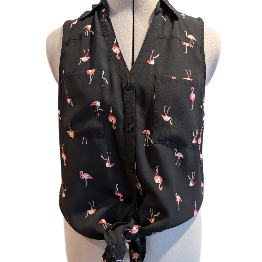 A. Byer Sleeveless Button-Up Blouse - Size Small Black with Pink Flamingos Shirt